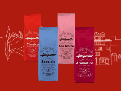 Allegretto Espresso Kaffees Vier Allegretto Espresso Kaffees auf rotem Hintergrund