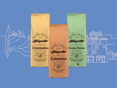 Allegretto Caffè Crema Drei Kaffeepackungen auf blauem Hintergrund Crema Caffès